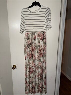 Striped Top Floral Maxi Dress - White, Gray & Blush Floral